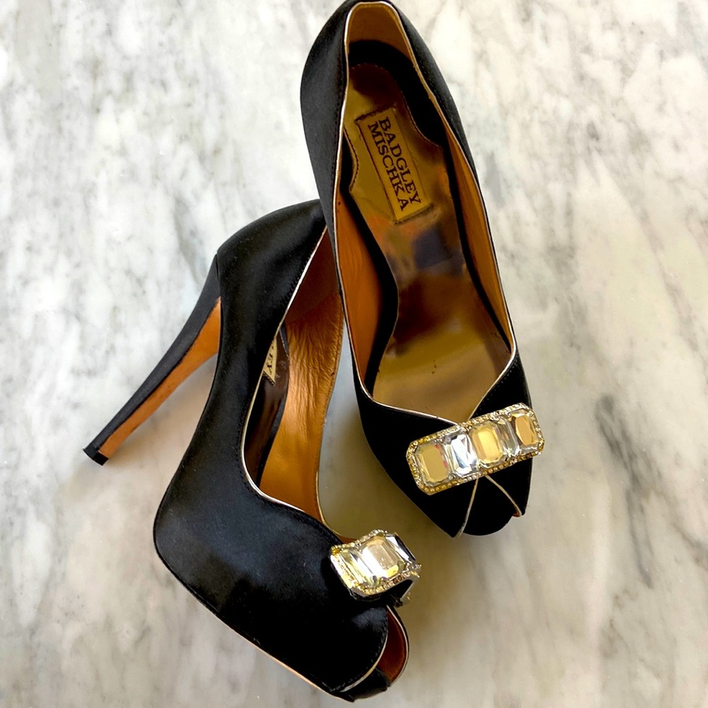 Black Sarin with Rhinestone Peep Toe Heels size 7M.